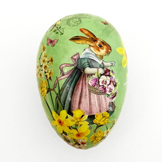 3-1/2" Green Pretty Mrs. Bunny Papier Mache Easter Egg Container ~ Germany